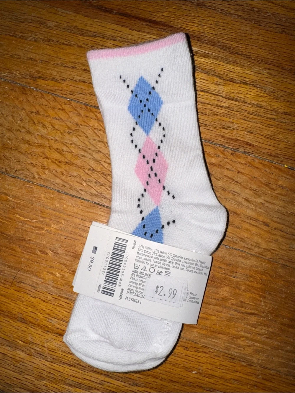 Janie and Jack Unisex Infant Crew Socks White with Pink & Blue Argyle NWT